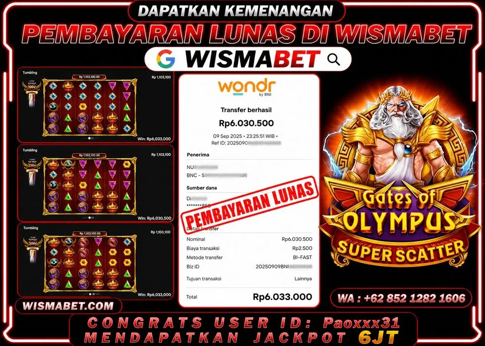 Wismabet - BUKTI KEMENANGAN Gates of Olympus Super Scatter Rp6,030,000,- LUNAS